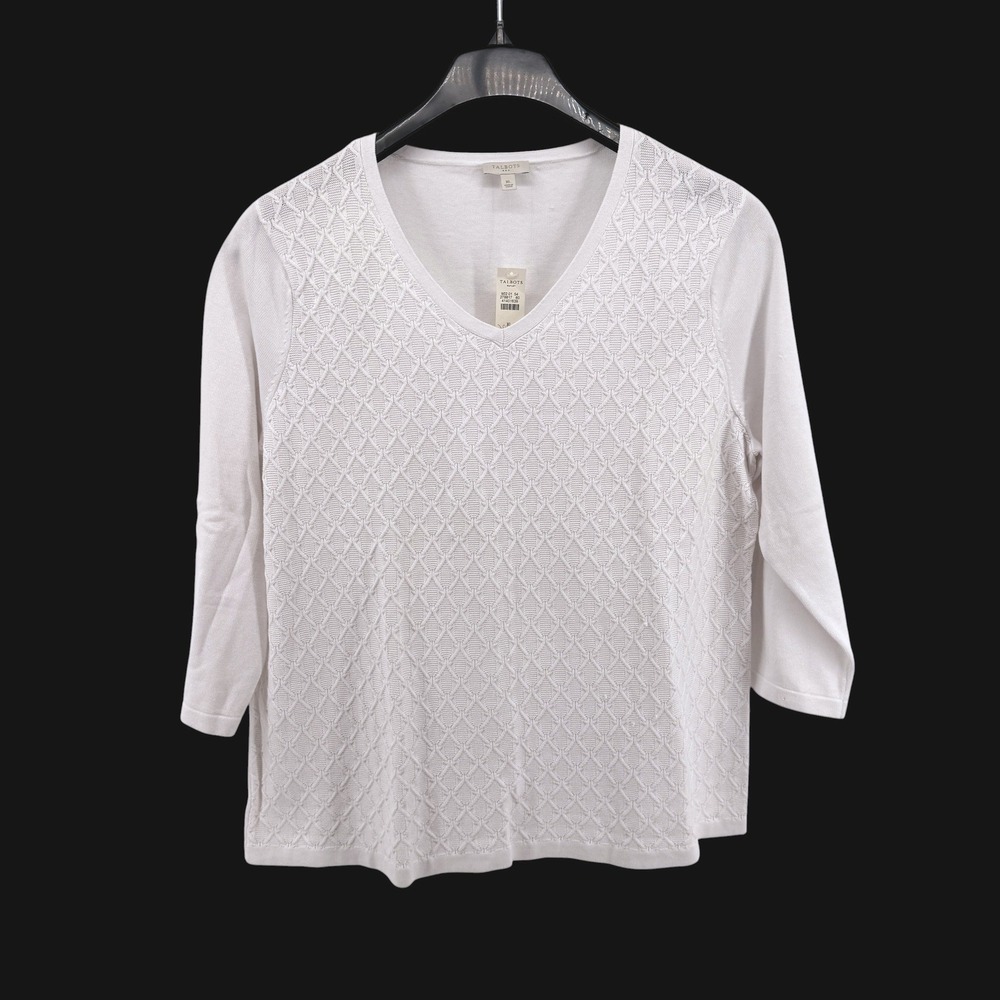 NEW Talbots V-Neck Sweater Womens XL Pullover‎ White Textured Diamond 3/4 Sleeve
